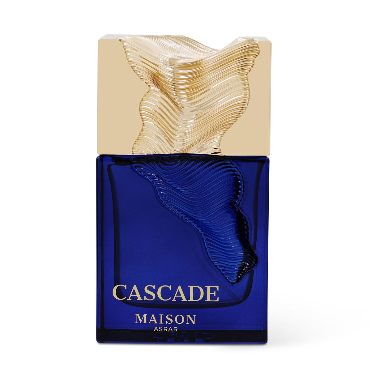 Cascade Maison Asrar – Eau de Parfum 100 ml, flacon bleu ondulé et bouchon doré